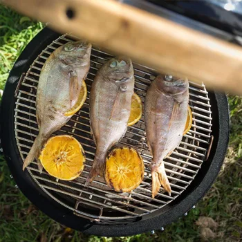 fresh fish smoked on charcoal smoker with citrus slices outdoor BBQ