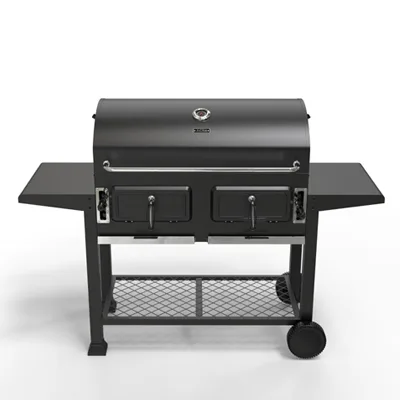 Large dual-chamber charcoal grill with adjustable height charcoal tray for commercial use