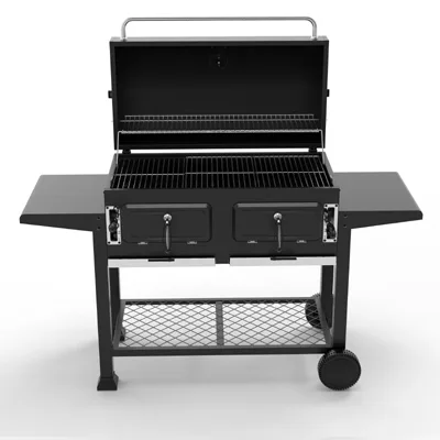 Large dual-chamber charcoal grill with adjustable height charcoal tray for commercial use