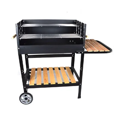 Heavy-duty outdoor charcoal barbecue grill with spacious cooking area and side shelves