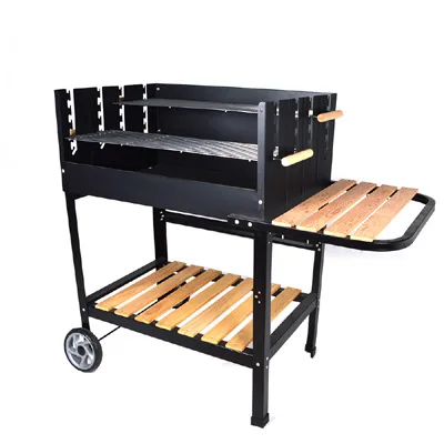 Heavy-duty outdoor charcoal barbecue grill with spacious cooking area and side shelves