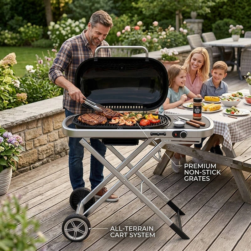 flat gas grill with premium non-stick grates