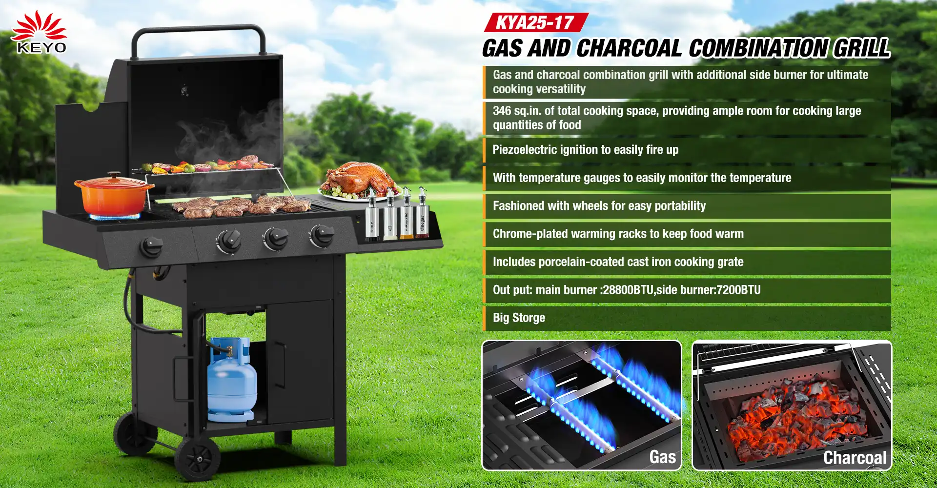 gas and charcoal grill combination kya25-17