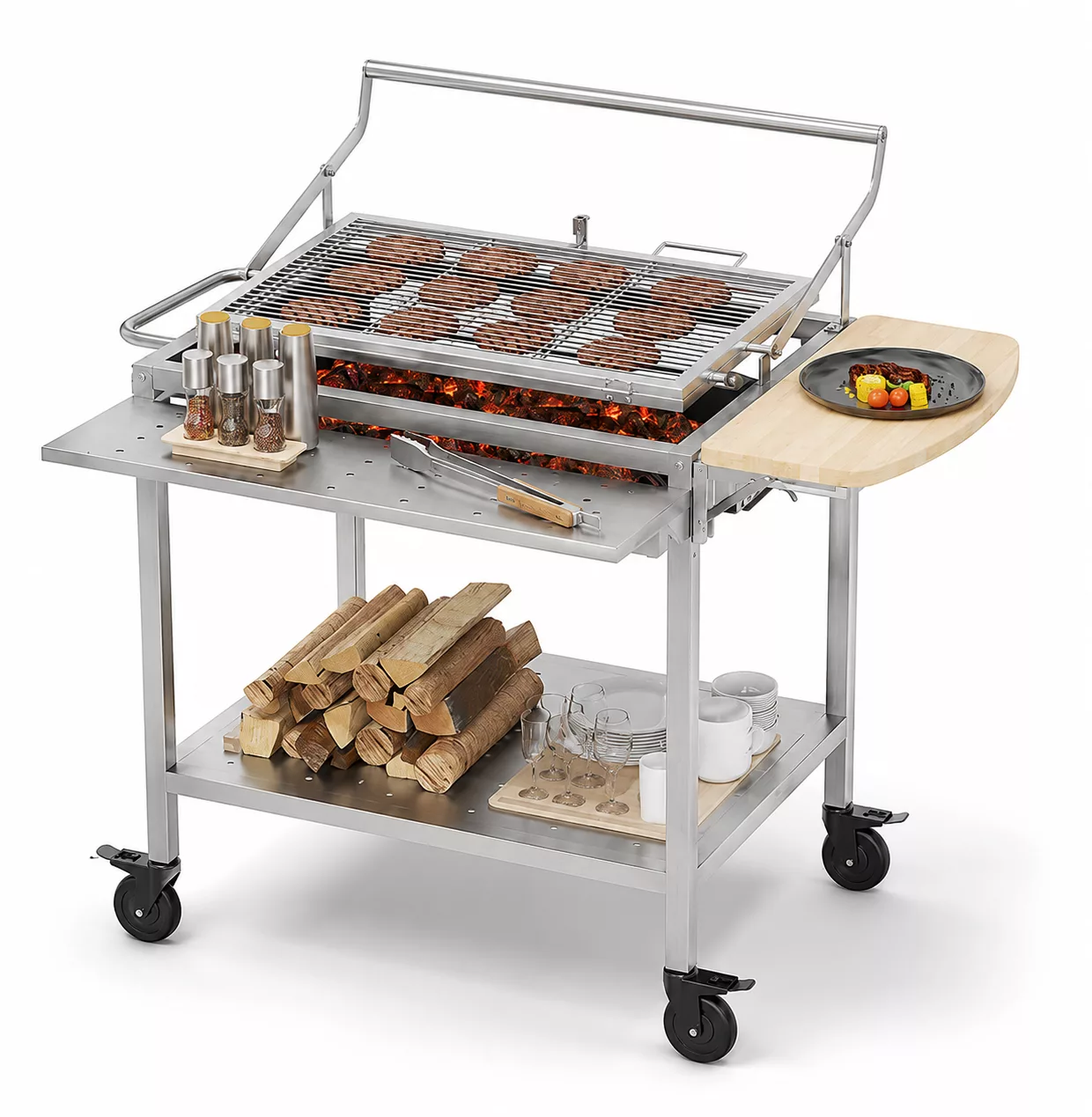 Heavy Duty Santa Maria Style Charcoal BBQ Grill - Large Outdoor Argentine Crank Grill with Height Adjustable Grate & Portable Trolley for Australian Backyard Socials