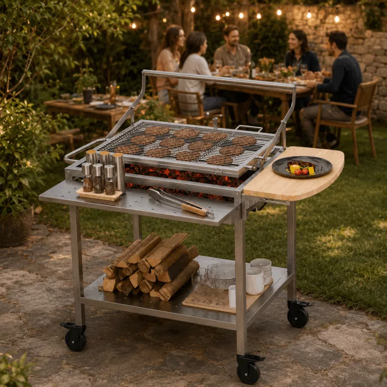 Heavy Duty Santa Maria Style Charcoal BBQ Grill - Large Outdoor Argentine Crank Grill with Height Adjustable Grate & Portable Trolley for Australian Backyard Socials