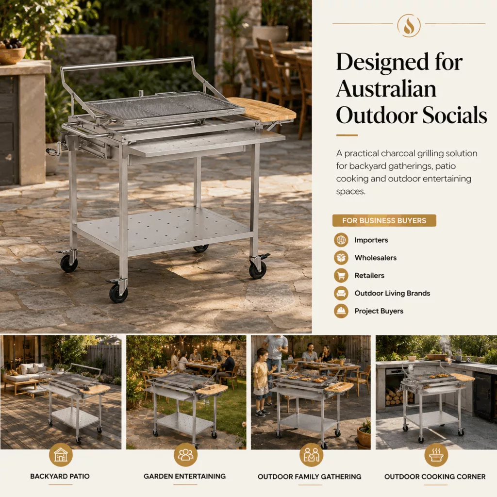 Heavy Duty Santa Maria Style Charcoal BBQ Grill - Large Outdoor Argentine Crank Grill with Height Adjustable Grate & Portable Trolley for Australian Backyard Socials