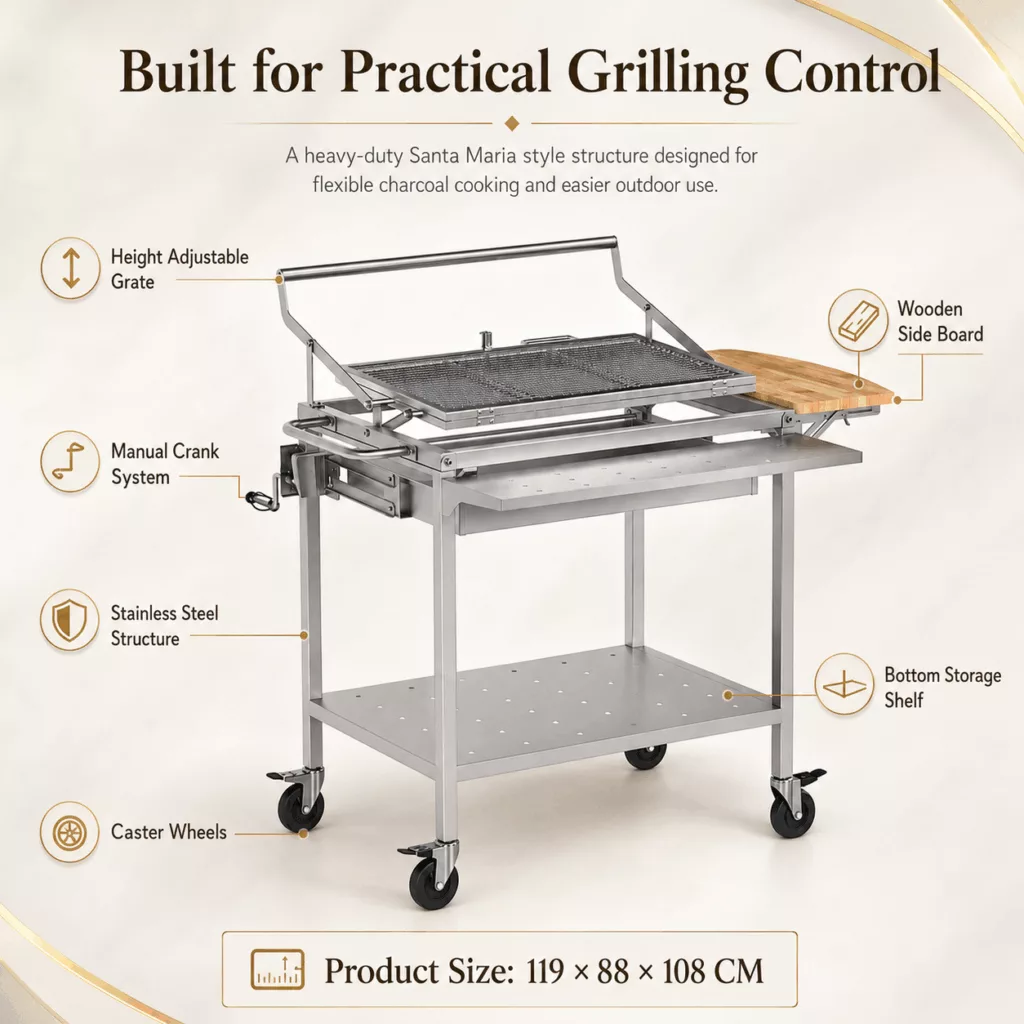 Heavy Duty Santa Maria Style Charcoal BBQ Grill - Large Outdoor Argentine Crank Grill with Height Adjustable Grate & Portable Trolley for Australian Backyard Socials