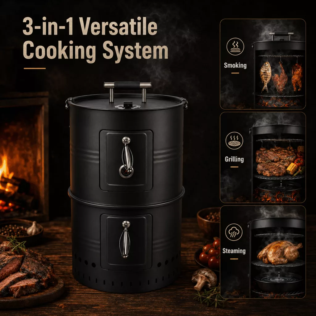 18 Inch 3-Tier Vertical Charcoal Smoker BBQ Grill, 3-in-1 Modular Heavy Duty Outdoor Water Smoker for Backyard Picnic