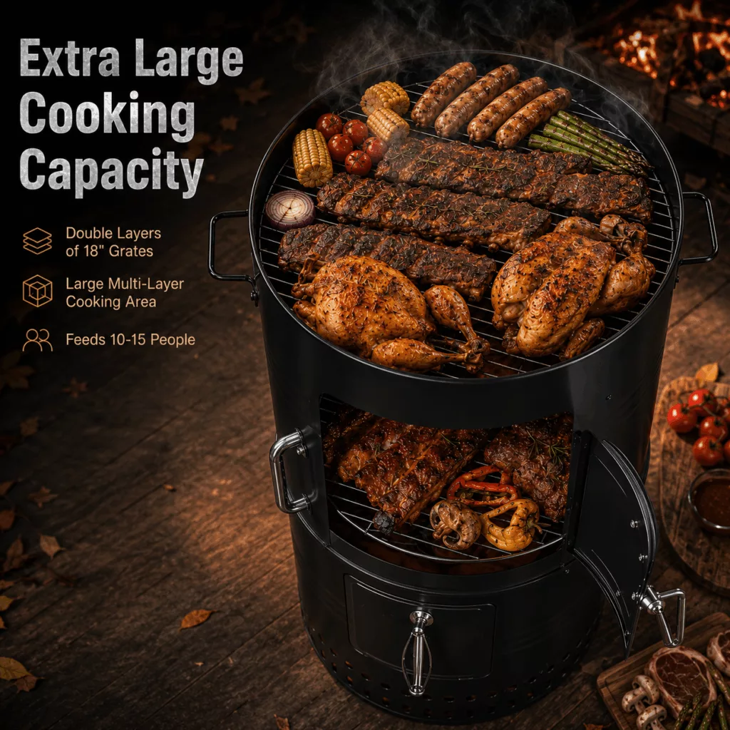 18 Inch 3-Tier Vertical Charcoal Smoker BBQ Grill, 3-in-1 Modular Heavy Duty Outdoor Water Smoker for Backyard Picnic