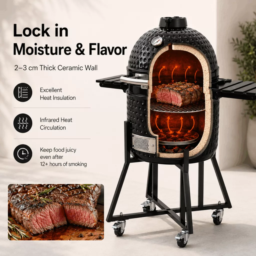 Smoke, Grill, or Bake. From low & slow brisket (225°F) to high-heat searing (750°F+), this Kamado does it all.
