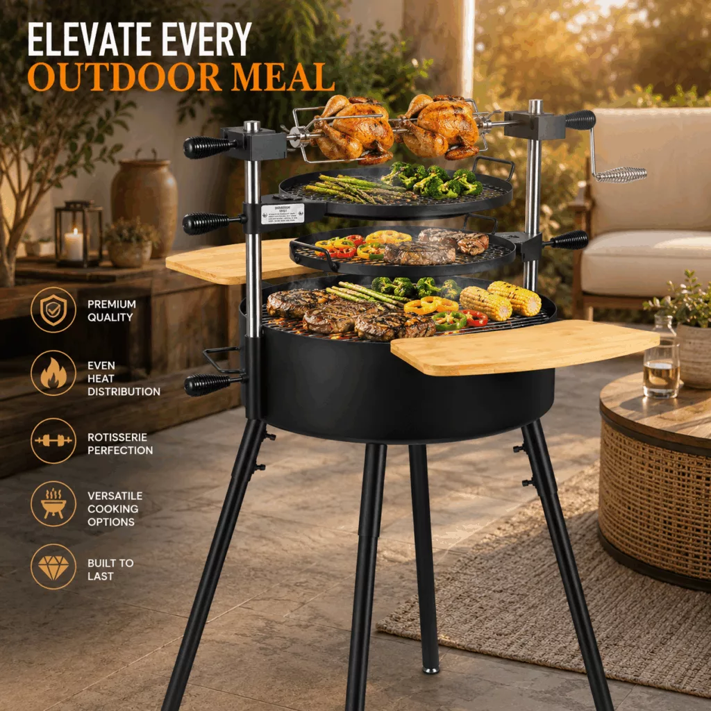 Custom OEM ODM Santa Maria Argentine BBQ Grill Stainless Steel Lifting Grate Heavy Duty Charcoal Wood Fire Grill with Rotisserie