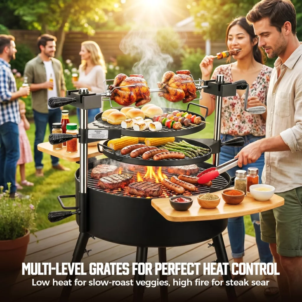 Custom OEM ODM Santa Maria Argentine BBQ Grill Stainless Steel Lifting Grate Heavy Duty Charcoal Wood Fire Grill with Rotisserie