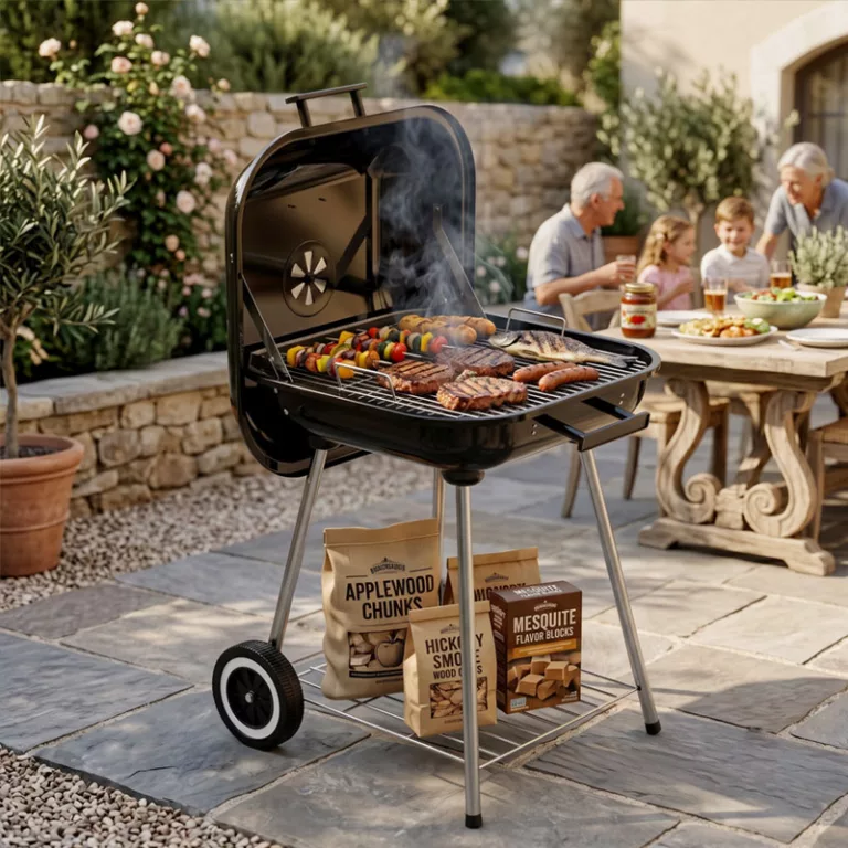 KY19022 portable charcoal grill in outdoor patio setting with food on grill and family dining in background