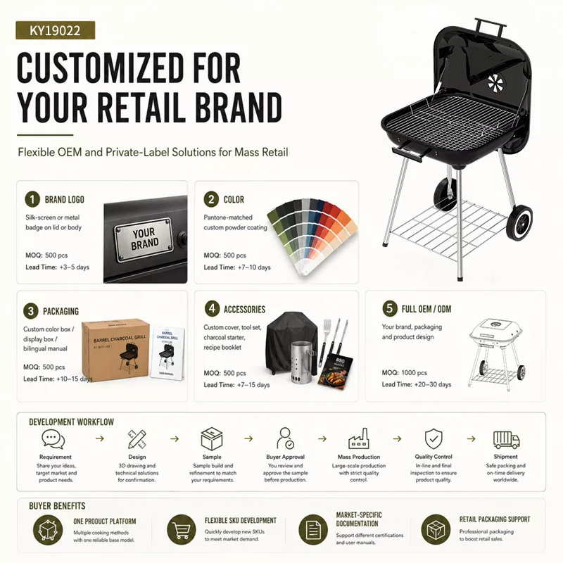 KY19022 portable charcoal grill OEM and private label customization options for retail brand programs