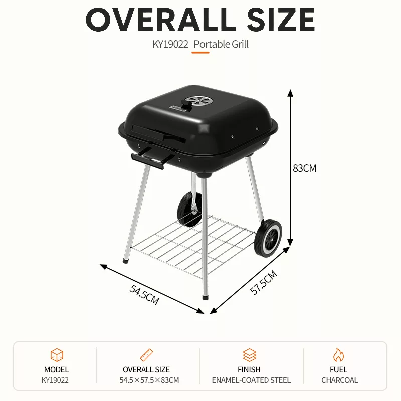 KY19022 portable charcoal grill dimensions 54.5 x 57.5 x 83 cm overall size infographic