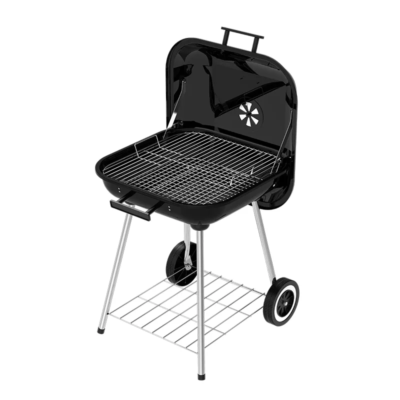KY19022 portable charcoal grill with open lid, wheels and lower storage rack on white background