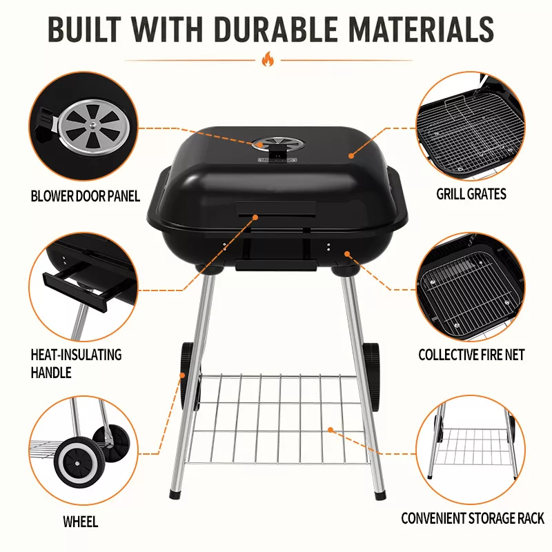 KY19022 portable charcoal grill feature overview showing blower door panel, grill grates, collective fire net, heat-insulating handle, wheels and storage rack